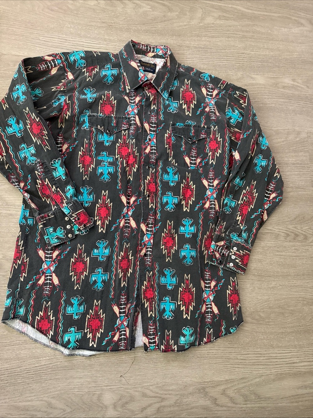 VINTAGE Panhandle Slim Shirt Mens 18-35 Blue Black Aztec Southwestern Cowboy